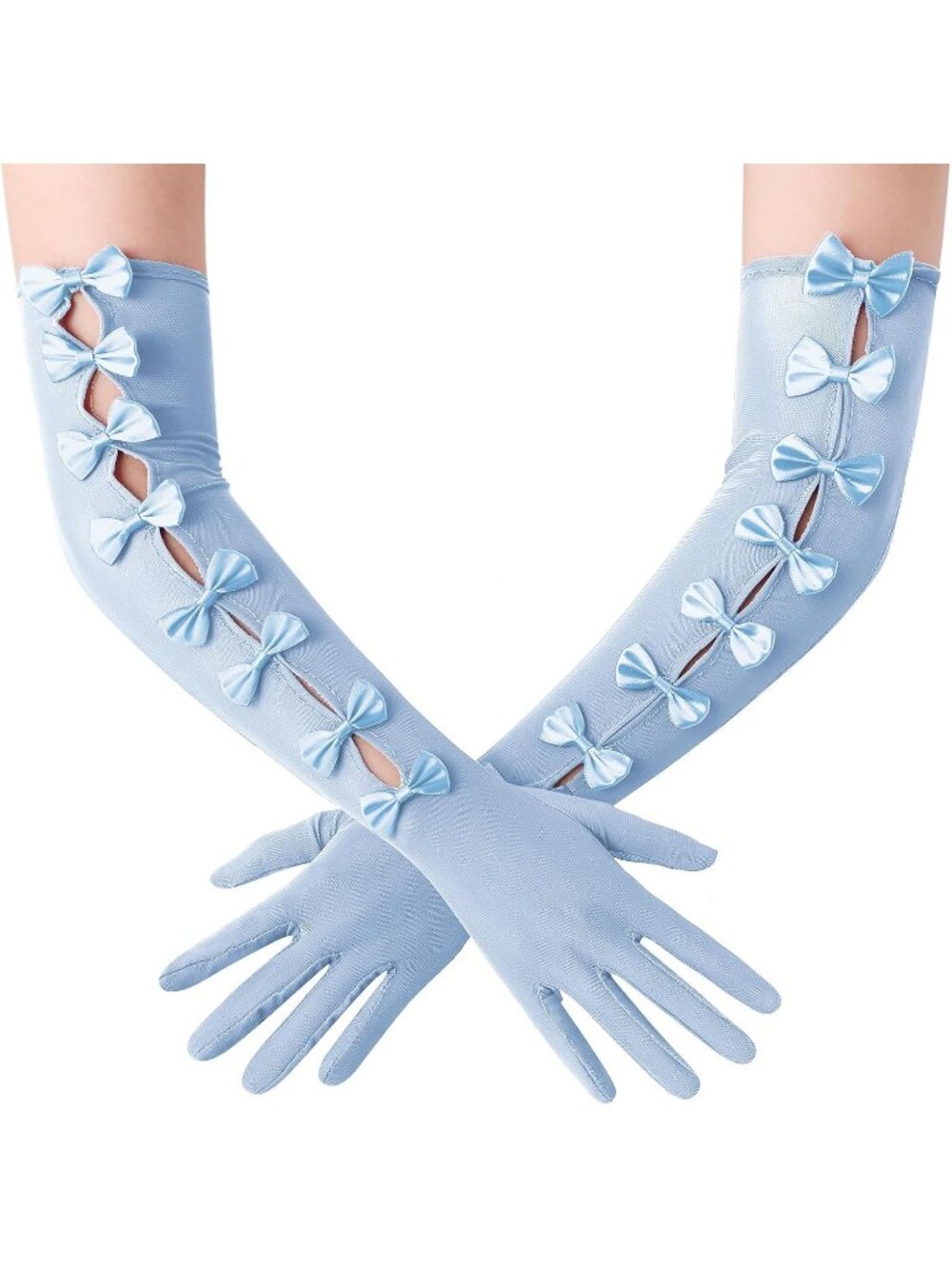 Women Grey Blue Long Tulle Mesh Opera 1920 Flapper Cutout Ribbon Bow Lace Glove